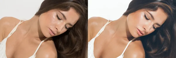 Vor Und Nach Dem Weiblichen Studioporträt Isoliert Auf Weißem Hintergrund — Stockfoto