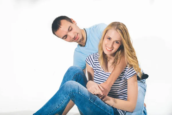 Young Beautiful Happy Couple in love woman and man studio portrait posing — Stock Photo, Image