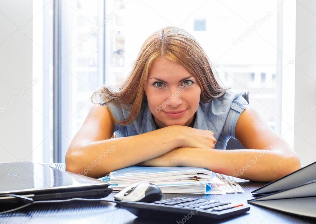 Business woman with hard work stress  in office on work place in office