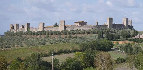 Panorama Van Het Kasteel Monteriggioni Met Ronde Muren Met Torens — Stockfoto