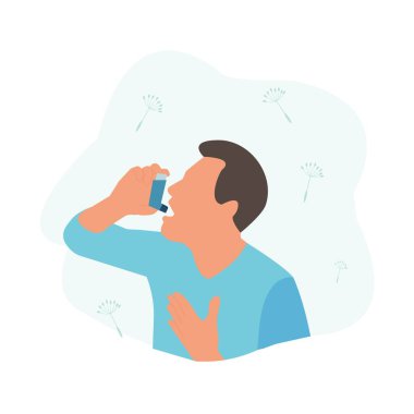 Astım spreyi alerjik adama yardım eder. Dünya astım günü. Alerji, astım. Solunum ilacı. Düz vektör çizimi konsepti. Bronşiyal astım.