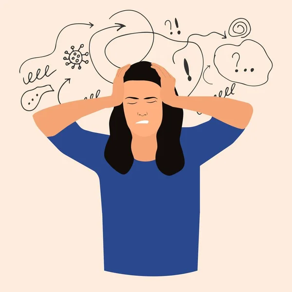 Femme Avec Problème Nerveux Sentent Anxiété Confusion Des Pensées Vecteur — Image vectorielle