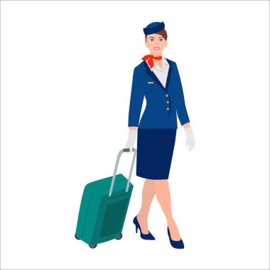 Bavulu düz bir şekilde beyaz bir arka planda olan genç ve güzel bir hostes. Mavi üniformalı profesyonel hostes. Vektör illüstrasyonu