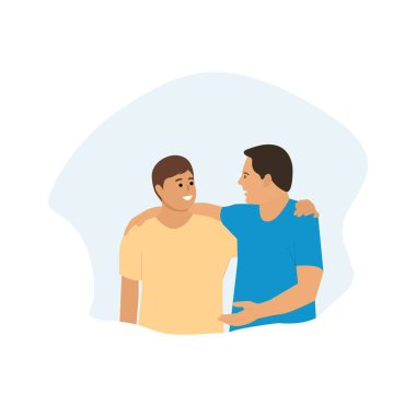 Baba oğul muhabbeti. Gülümseyen neşeli bir baba ve oğul birlikte yürüyorlar..