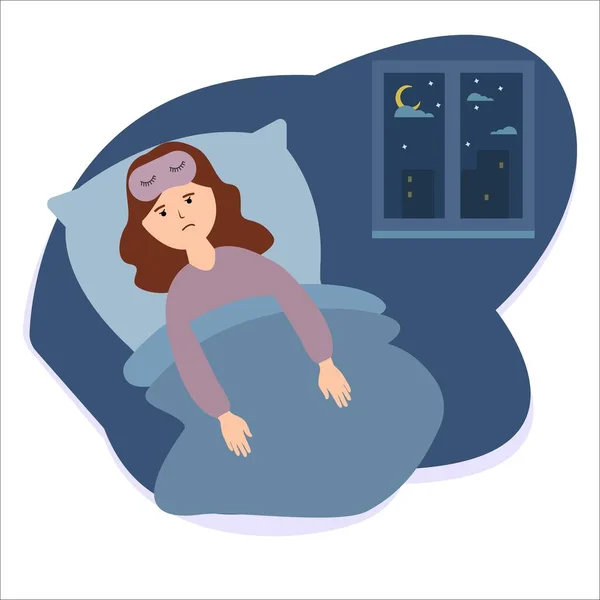 Chica Sufre Insomnio Acostado Cama Fondo Del Dormitorio Por Noche — Vector de stock