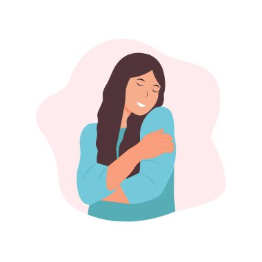 Kendini sevme kavramı. Güzel bir kadın mutlu ve olumlu bir şekilde kendine sarılıyor, kendinden emin gülümsüyor. Özgüven ve özgüven. Düz bir şekilde vektör illüstrasyonu.