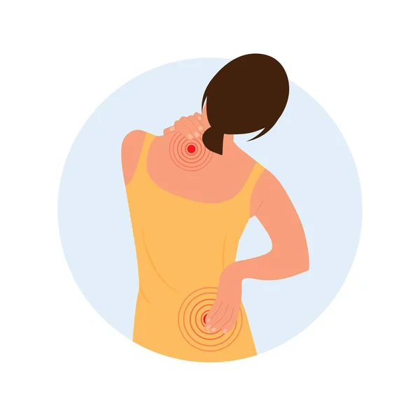 背中の痛みで首に手を保持若い女性 ネックリフトの痛み 子宮頸椎の治療 首の怪我 ベクターイラスト — ストックベクタ