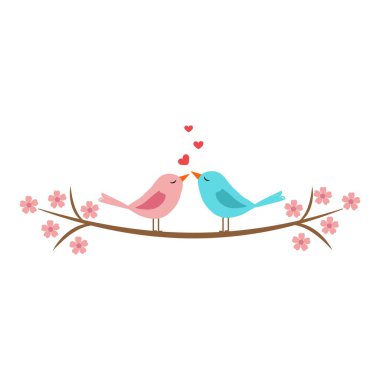 Dalın tepesindeki aşk kuşları. Sevgililer günü kartı. Düğün davetiyesi. Beyaz arkaplanda izole edilmiş vektör illüstrasyonu