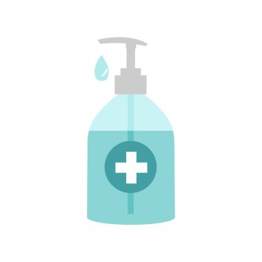 El dezenfektanı pompası şişesi, çamaşır jeli, alkol jeli. Beyaz arka planda izole edilmiş vektör illüstrasyonu.