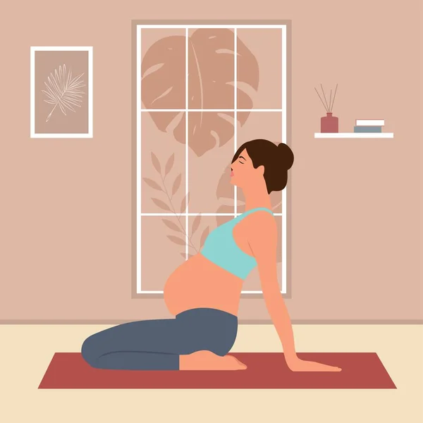 妊娠中のヨガの練習をしている若い女性は マットの上で瞑想を練習します 妊娠のためのヨガ ヨガスタジオや家庭で練習妊婦 トレンドフラットベクトルイラスト — ストックベクタ