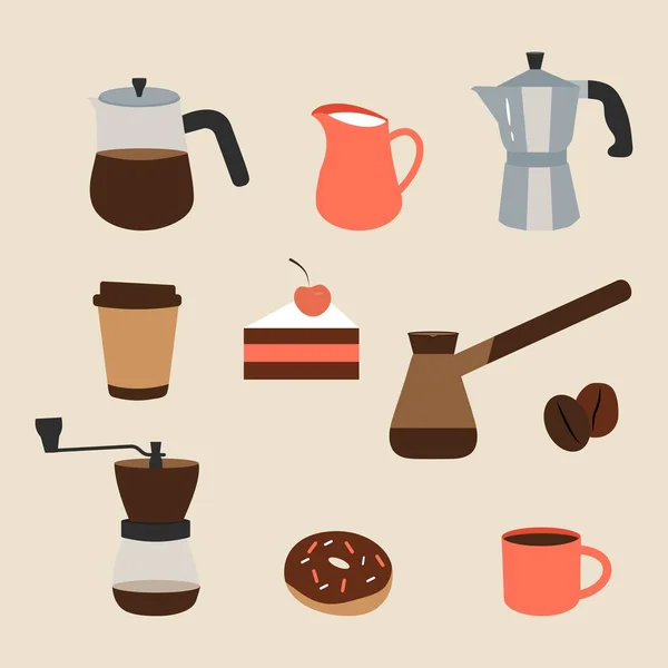 Set Coffee Elements Drinks Desserts Beans Other Related Objects Vector — ストックベクタ