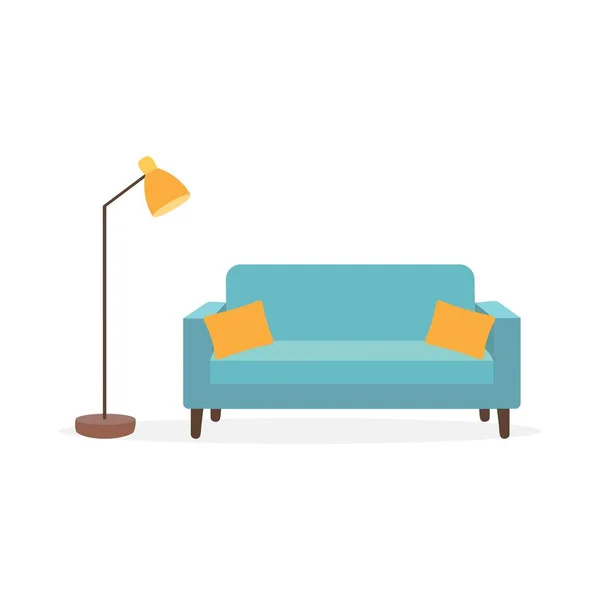 Gemütliches Sofa Mit Stehlampe Blaue Couch Mit Gelben Kissen Vektor — Stockvektor