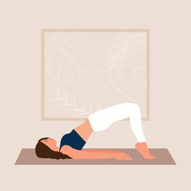 Yoga yapan genç bir kadın. Paspasın üzerinde kadın karakter meditasyonu. Yoga, meditasyon, rahatlama, dinlenme, sağlıklı yaşam tarzı kavramları. Çizgi film tarzında vektör illüstrasyonu.