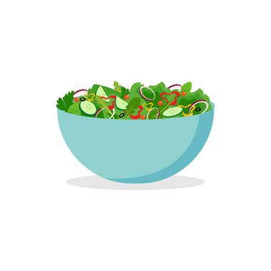 Ev yapımı vejetaryen salatası. Vejetaryen ya da vejetaryen yemeği kasede servis edilir. Vektör illüstrasyonu beyaz arkaplanda izole edildi.