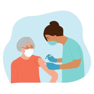Yaşlı aşılar. Doktorun elinde bir aşı var, efendim. Aşı konsepti. Vektör illüstrasyonu.