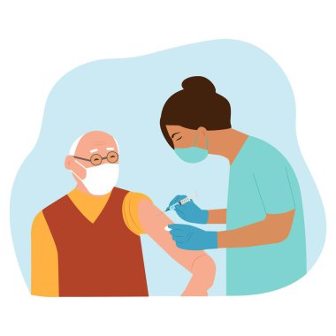 Yaşlı aşılar. Doktorun elinde bir aşı var, yaşlı adam. Aşı konsepti. Vektör illüstrasyonu.
