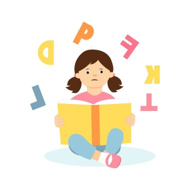 Dyslexia, failing to read. Learning disability concept.Young girl difficulty in reading. Logopedy.Scattered letters above her head and book. Vector illustration  clipart
