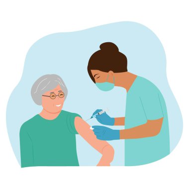 Yaşlı aşılar. Doktorun elinde bir aşı var, efendim. Aşı konsepti. Vektör illüstrasyonu.