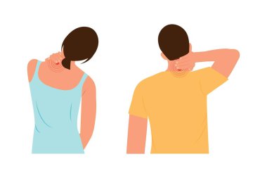 Boyun ağrısı. Boynu ve omzu ağrıyan genç bir adam ve kadın, kas hasarı, boyun masajı. Vector düz çizim. İnsanlar acı içinde el ele tutuşuyor. Çizgi film vektör illüstrasyonu.