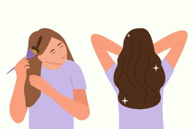 Rehberde saçını nasıl boyayacağını. Saç boyama işlemi. Güzellik prosedürü. Saçına fırçayla renk kremi sür. Önce ve sonra. Vektör illüstrasyonu