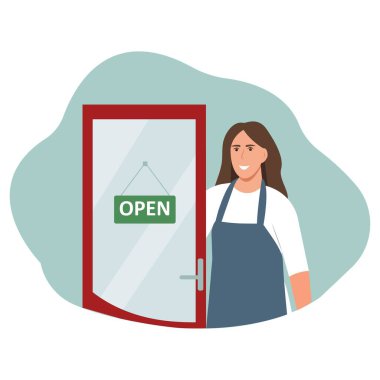 Kadın kafeteryada, dükkanda, pastanede bir kapı açıyor. Coronavirus salgınından sonra kapıları açıyor, konsepti yeniden açıyor. Pandemikten sonra tekrar hoş geldiniz.