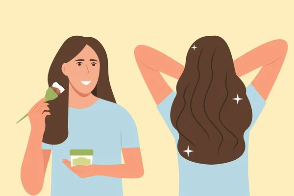 Una Mujer Joven Aplica Una Máscara Cabello Cepillo Mano Chica — Archivo Imágenes Vectoriales