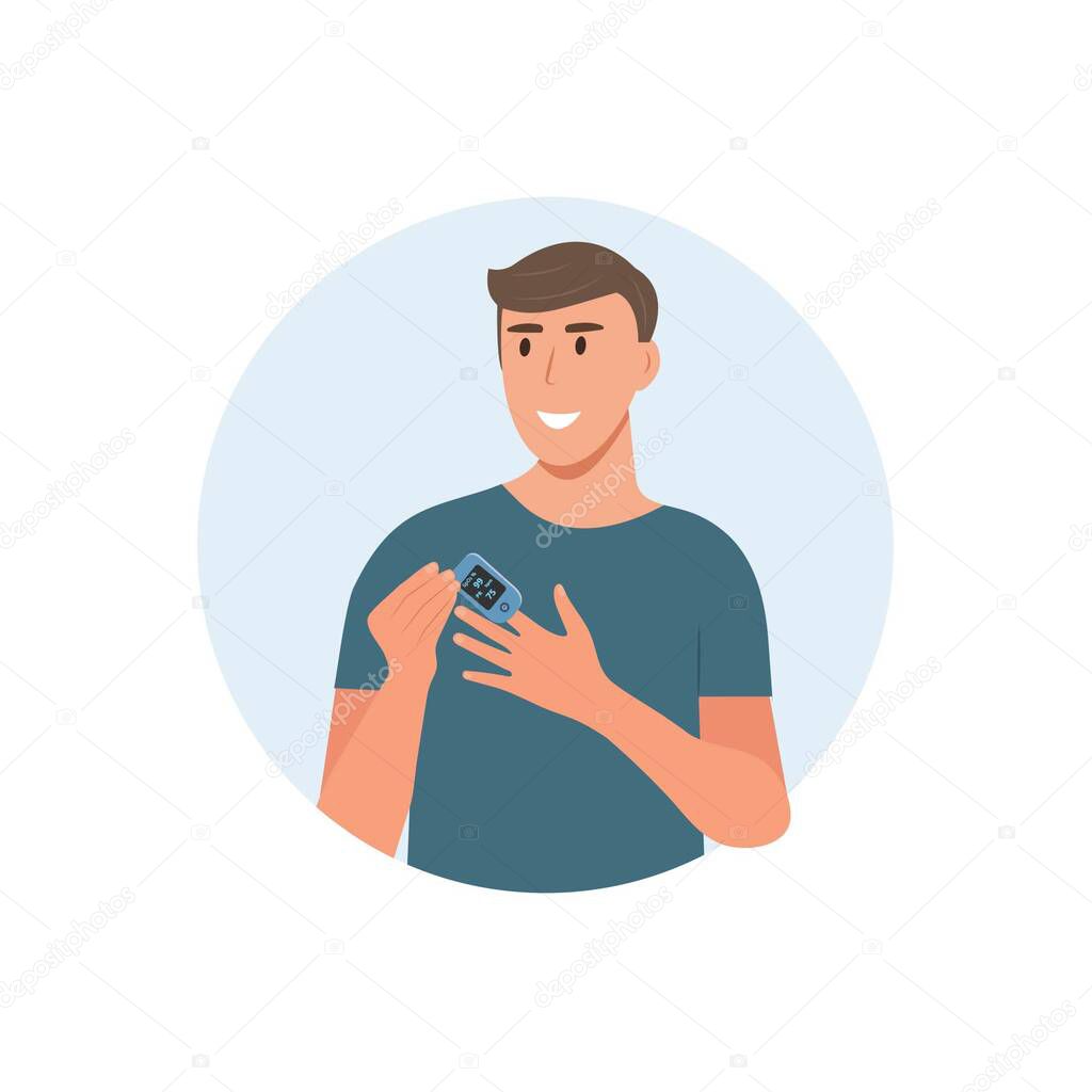 Man using pulse oximeter device on finger.Pulse Oximeter with normal value. Digital device to measure oxygen saturation.  Vector illustration on white background