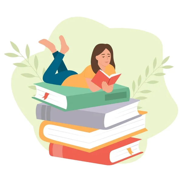 Kız Elinde Açık Kitaplarla Bir Yığın Kitabın Üzerine Uzanıyor Edebiyat — Stok Vektör