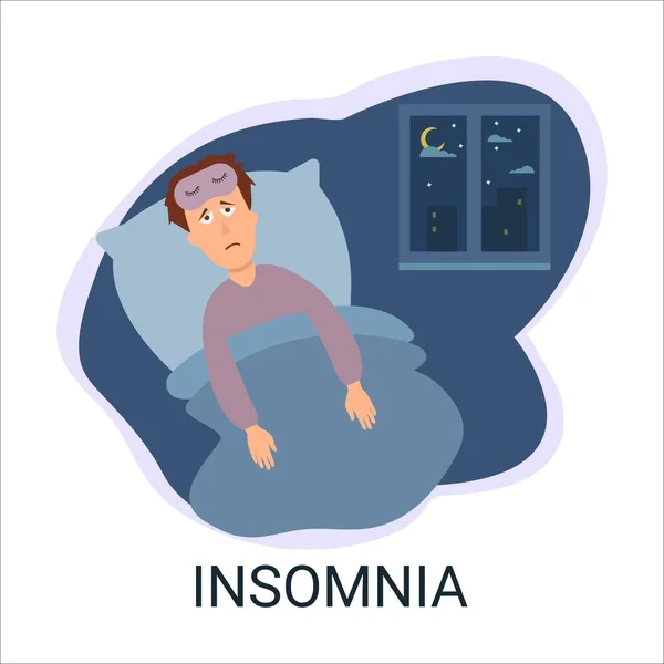 Hombre Sufre Insomnio Acostado Cama Sobre Fondo Del Dormitorio Por — Vector de stock