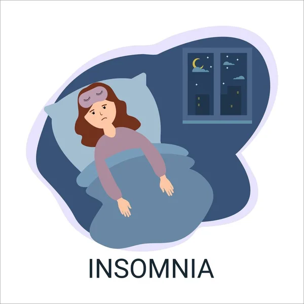 女孩有失眠 晚上躺在床上 躺在卧室的背景下 女性失眠症 平面卡通风格矢量插图 — 图库矢量图片