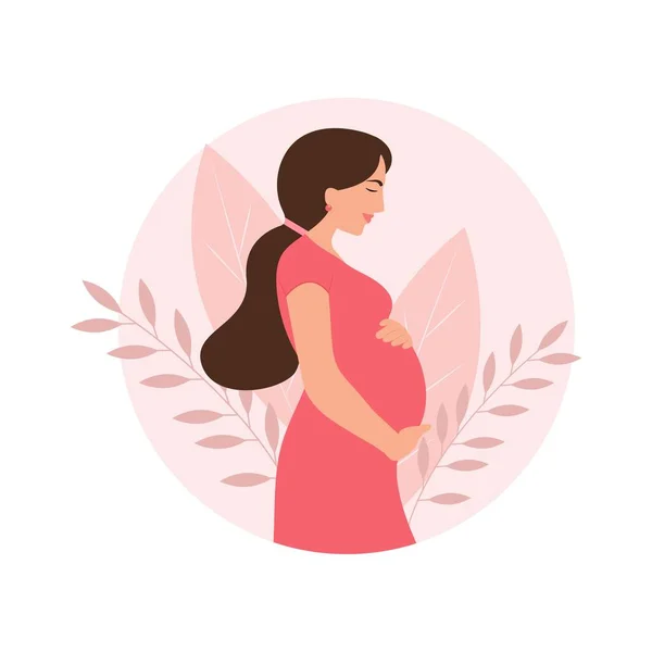 Счастливая Беременная Женщина Держит Живот Концепция Беременности Векторная Иллюстрация — стоковый вектор