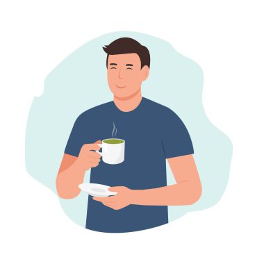 Genç adam yeşil kibrit çayı içer. Matcha latte sağlıklı içecek. Japon çay kültürü. Asya kültürü. Bardaklı çocuk sağlıklı bitkisel içecek içer. Rahatlama, meditasyon. Çizgi film Vektör İllüzyonu 