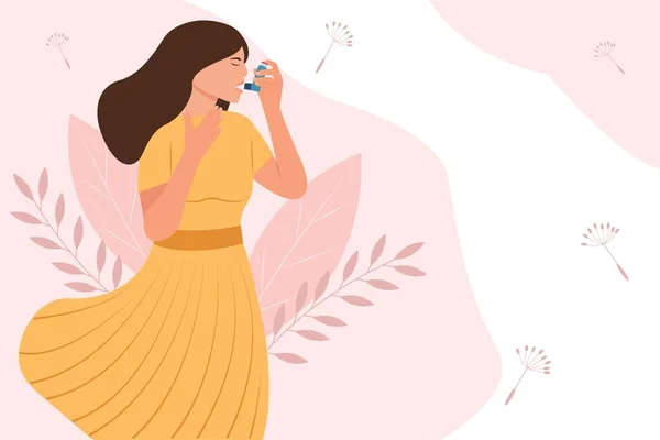 Всесвітній День Астми Жінка Використовує Інгалятор Астми Проти Нападу Алергія — стоковий вектор