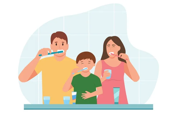 Mamá Papá Hijo Están Cepillando Los Dientes Juntos Feliz Familia — Archivo Imágenes Vectoriales