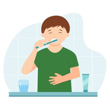 Banyoda diş macunuyla diş fırçalayan bir çocuk. Sevimli çocuk dişlerini temizliyor. Vektör illüstrasyonu.