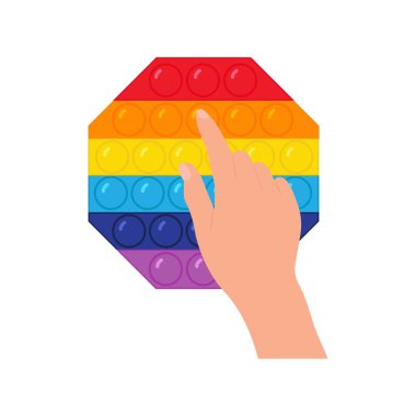Patlat bakalım oyuncak. Popüler renkli anti-stres oyuncağıyla izole edilmiş bir el. Kıpır kıpır. Gökkuşağı renginde stres önleyici oyuncak. Çocuk eğilimi. Düz biçimli vektör illüstrasyonu.
