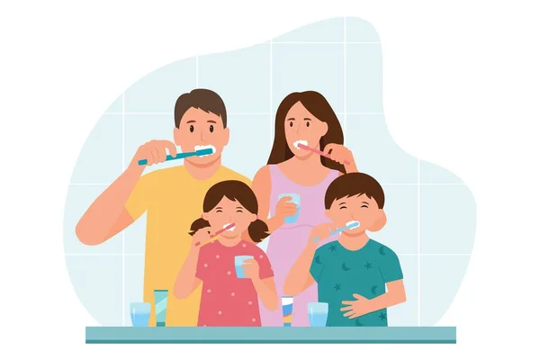 Rodzina Myje Zęby Razem Szczęśliwa Rodzina Szczoteczkami Zębów Łazience Codziennie — Wektor stockowy