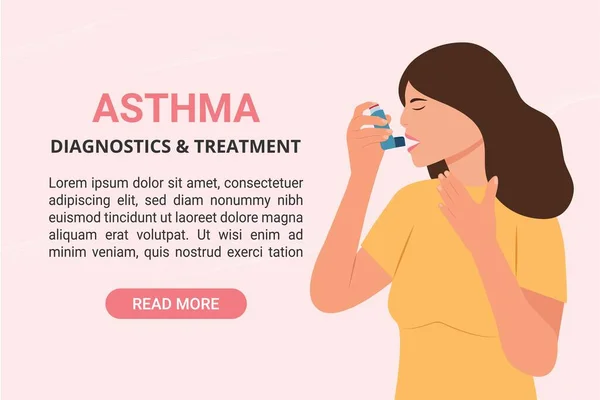 Diagnósticos Asma Banner Tratamiento Con Woman Utiliza Inhalador Asma Contra — Vector de stock