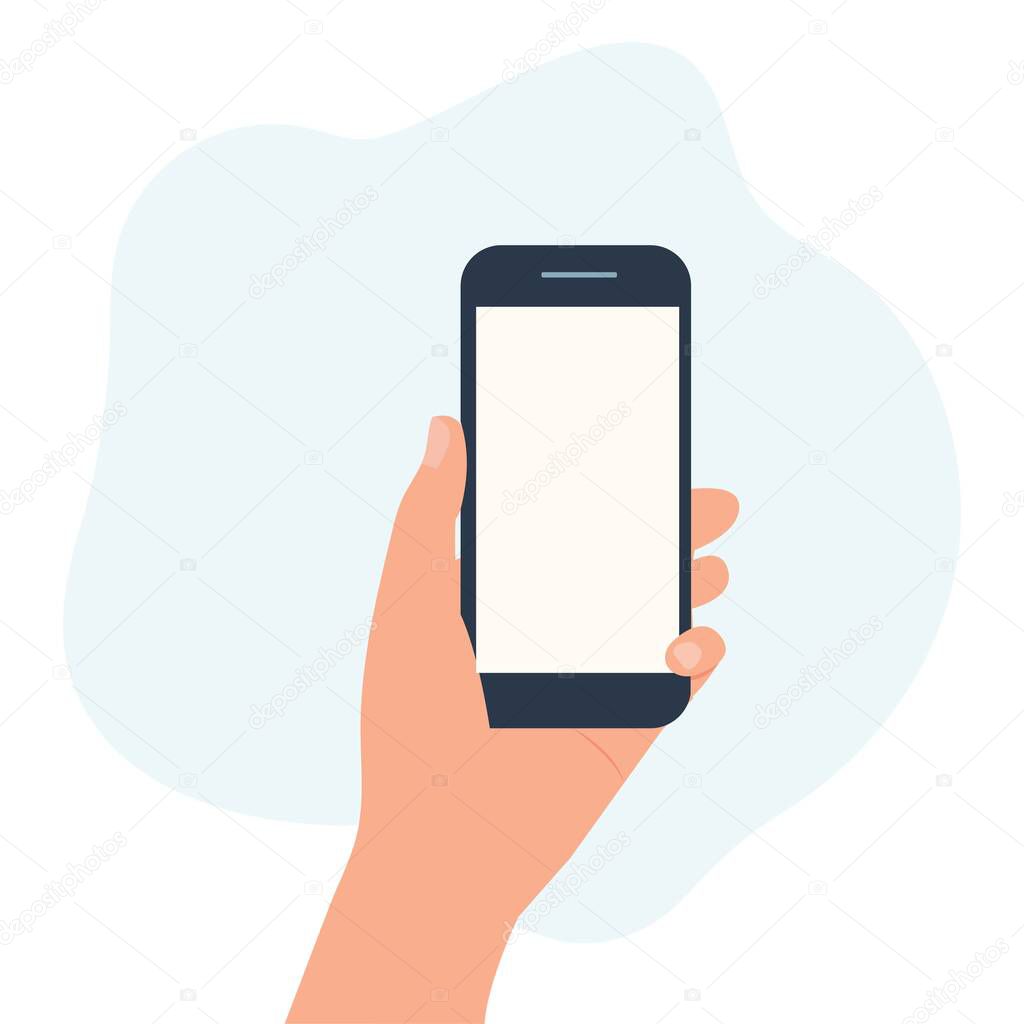 Human hand holding a smartphone.Phone with white empty screen  in flat style isolated.