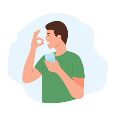 Kadın bir hap alıyor. Kadın elinde bir hap tutuyor ve almaya niyetli. Elinde bir bardak su tutan bir kız. İlaç tedavisi, eczane ve ilaç, konsept. Vektör illüstrasyonu