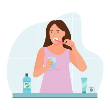 Dişlerini fırçalayan genç bir kadın. Günlük diş sağlığı konsepti. Ağız temizliği ve sağlık hizmetleri. Vektör illüstrasyonu