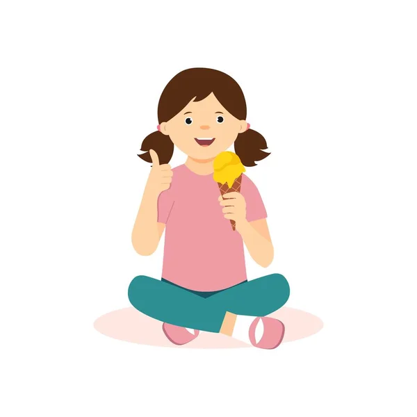 Cute Kid Eating Ice Cream Girl Sitting Holding Ice Cream — Stock Vector