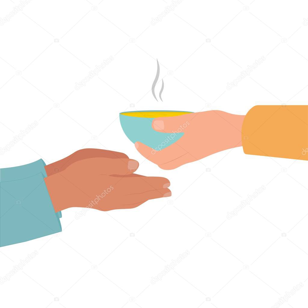 Feeding the homeless.Help and support. Hands with a soup in the plate.Giving Food to the Hungry concept Isolated vector illustration.