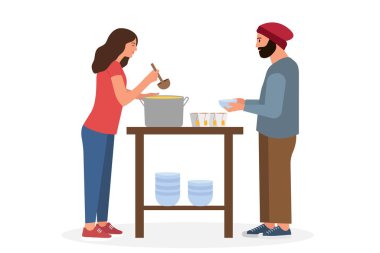 Gönüllü, evsizleri doyuruyor. Yardım ve destek. Cömert kız sokaklarda dilencilere yemek veriyor. Tenceresinde çorba olan bir kadın. Gönüllü özgecil aktivite. İzole vektör düz illüstrasyon