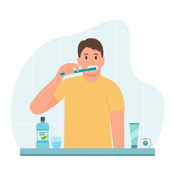 Jeune Homme Brossant Les Dents Concept Vie Quotidienne Dentaire Hygiène — Image vectorielle