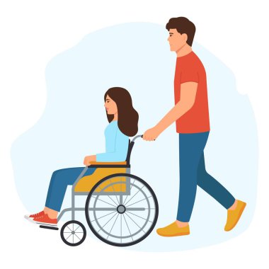 Engelli bir kadın arkadaşıyla eğleniyor. Arkasında sevgili sevgilisi olan tekerlekli sandalyedeki gülümseyen genç kadın. Sosyal yardım ve vektör illüstrasyonunu desteklemek.