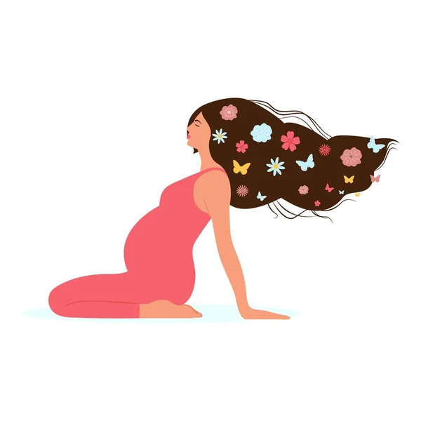 妊娠中の女性は床に座って目を閉じて瞑想します 自宅でリラックスしたり 呼吸法を期待している若い女性 女性のキャラクターは彼女の自由と人生を楽しむ 正と妊娠中の健康管理の概念 — ストックベクタ