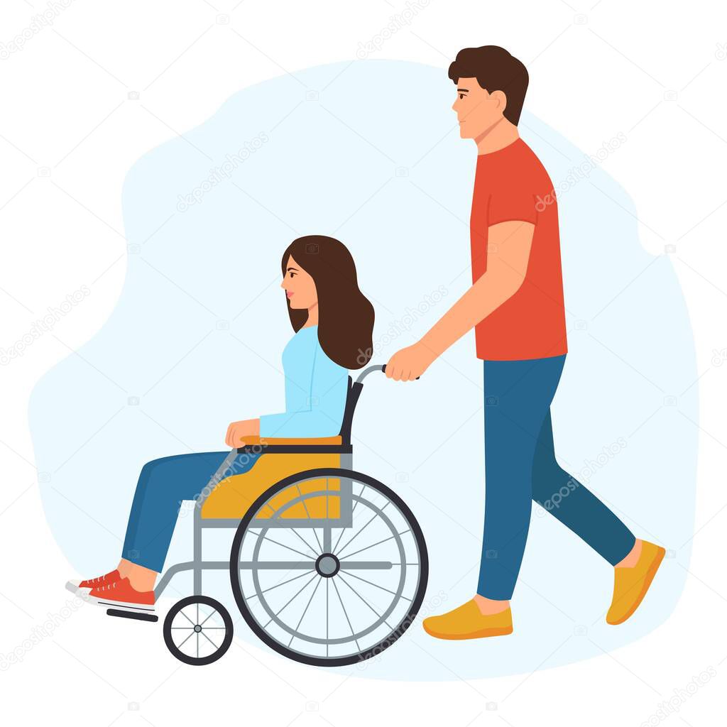 A disabled woman is having fun with her friend. Smiling young inclusive woman in wheelchair with loving boyfriend behind.Social help and support Vector illustration