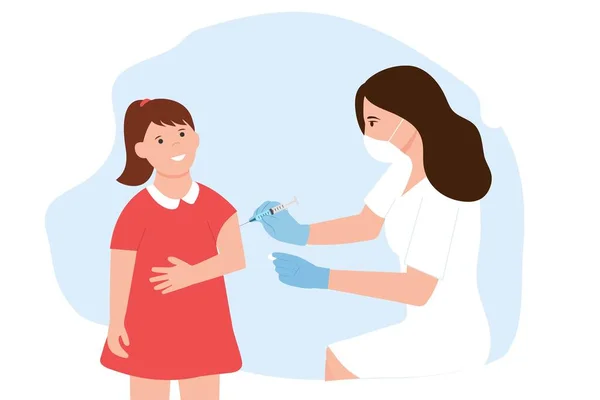 Vacunas Para Niños Médico Enfermero Sostiene Niño Vacunado Con Inyección — Vector de stock