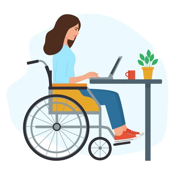 Yhandicapée Jeune Femme Fauteuil Roulant Travailler Sur Ordinateur Portable Home — Image vectorielle